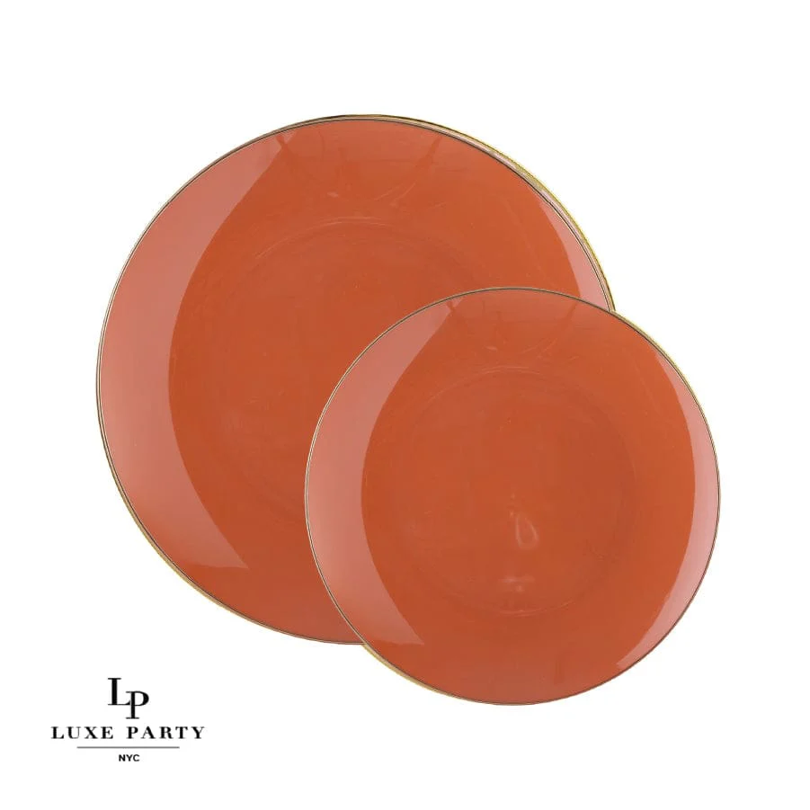 Round Rosewood Orange and Gold Plastic Dinner and Salad Plates 2