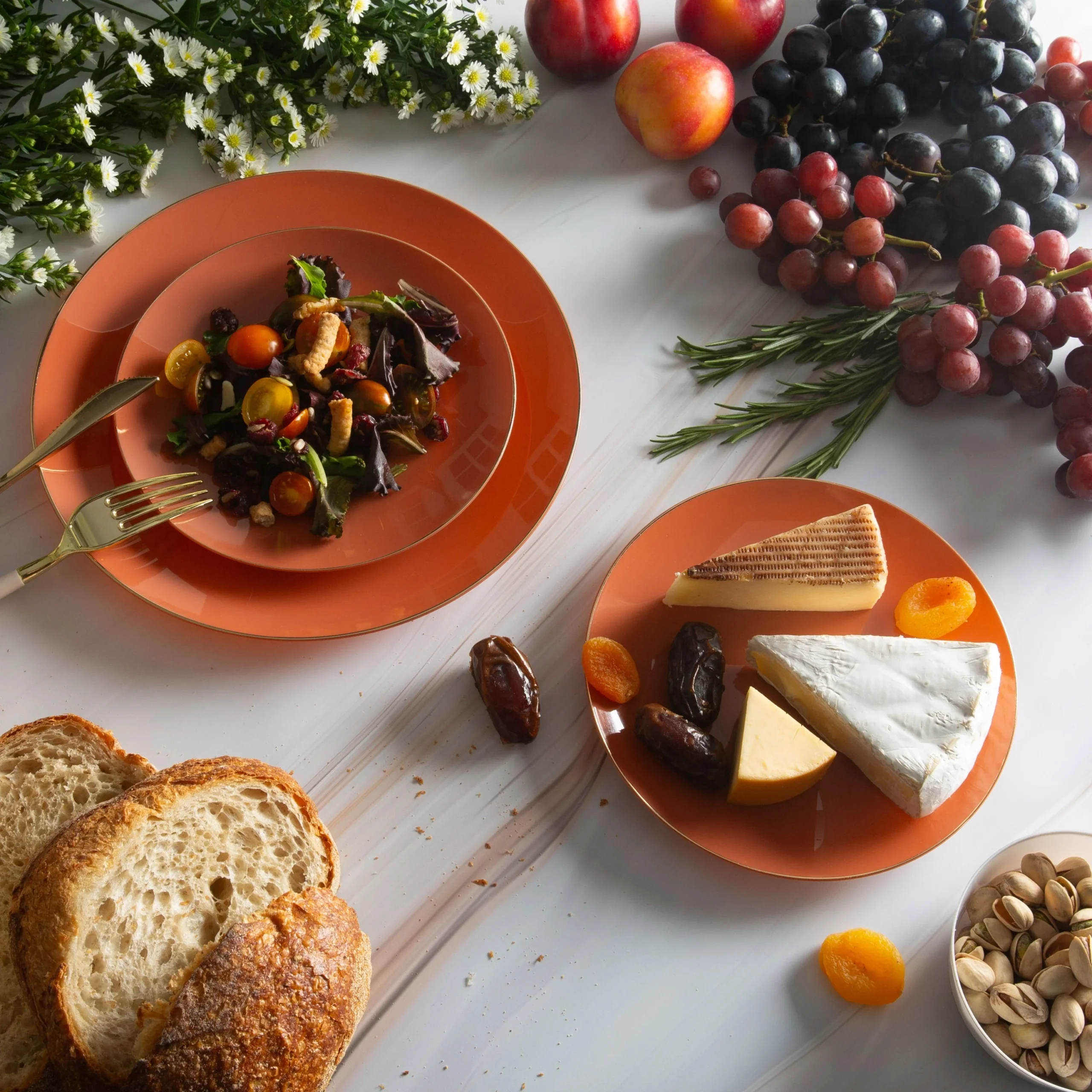 Round Rosewood Orange and Gold Plastic Dinner and Salad Plates